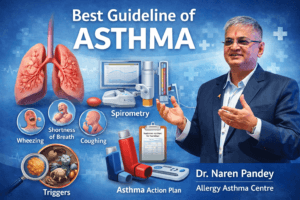 Dr. Naren Pandey explaining best guideline of asthma with symptoms, diagnosis, and treatment illustration