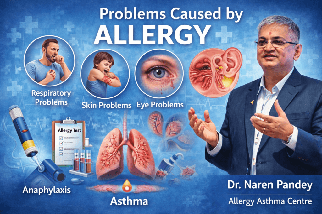 Dr. Naren Pandey explaining problems caused by allergy including asthma, skin, eye and respiratory issues