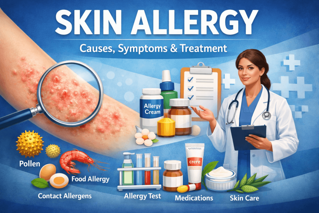 Skin allergy showing rashes on arm with medical illustration of causes, symptoms, and treatment options