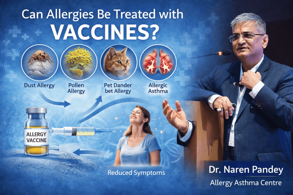 Dr. Naren Pandey explaining allergy immunotherapy and allergy vaccines for dust, pollen and pet allergies