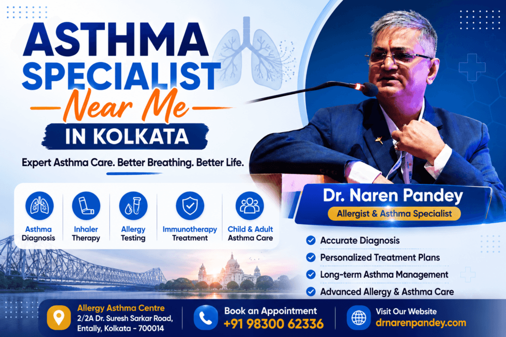Asthma Specialist Near Me in Kolkata - Dr. Naren Pandey providing asthma diagnosis, allergy testing, inhaler therapy and asthma treatment at Allergy Asthma Centre Kolkata.
