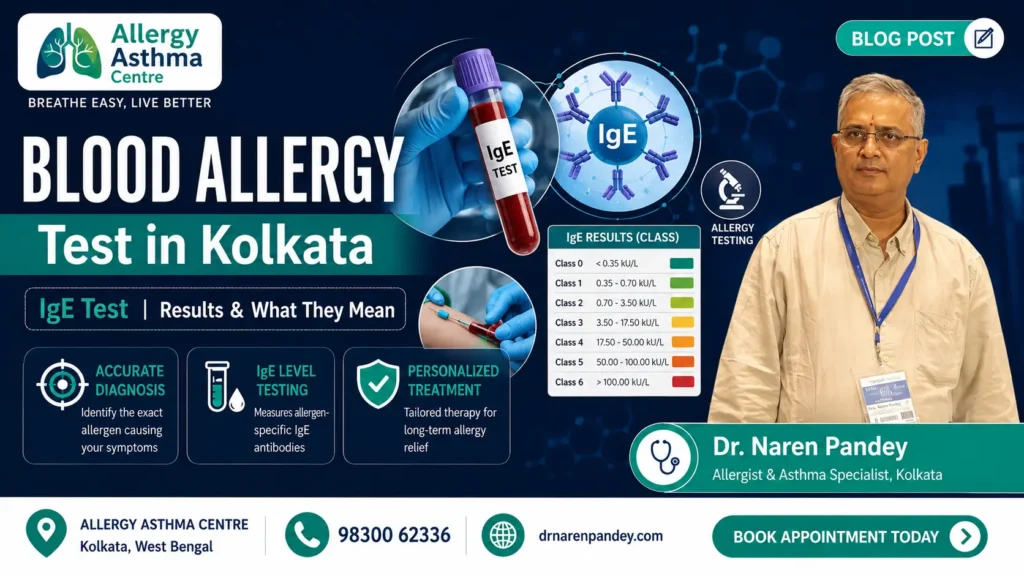 Blood Allergy Test in Kolkata by Dr. Naren Pandey showing IgE testing, allergy diagnosis, blood sample analysis and interpretation of allergy test results.