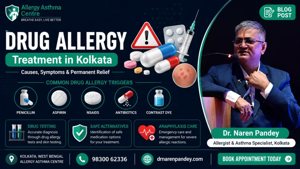 Drug Allergy Treatment in Kolkata by Dr. Naren Pandey showing common drug allergy triggers, symptoms, testing and emergency allergy care