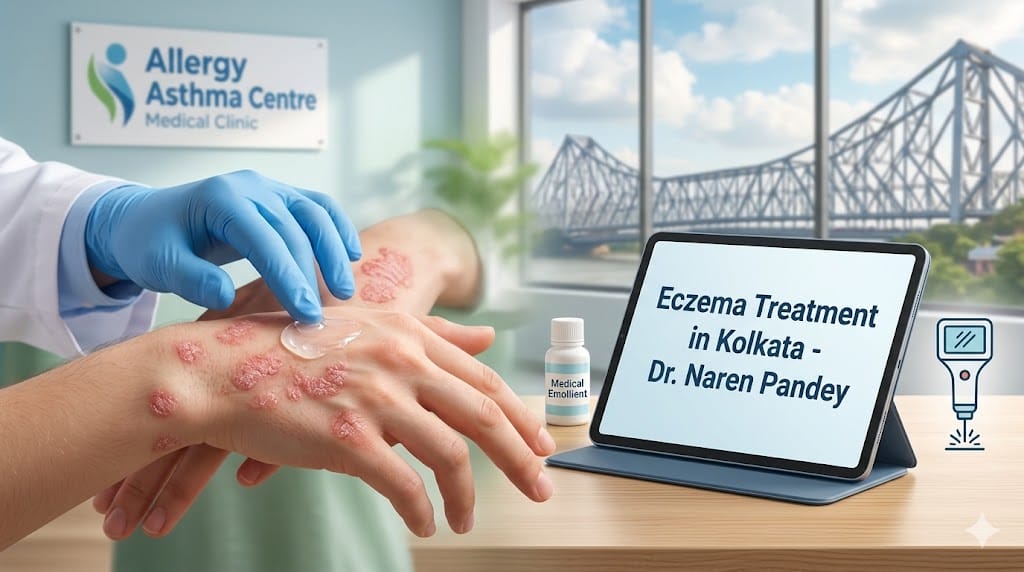 Eczema treatment in Kolkata at Allergy Asthma Centre by Dr. Naren Pandey showing medical emollient application on dry skin rash