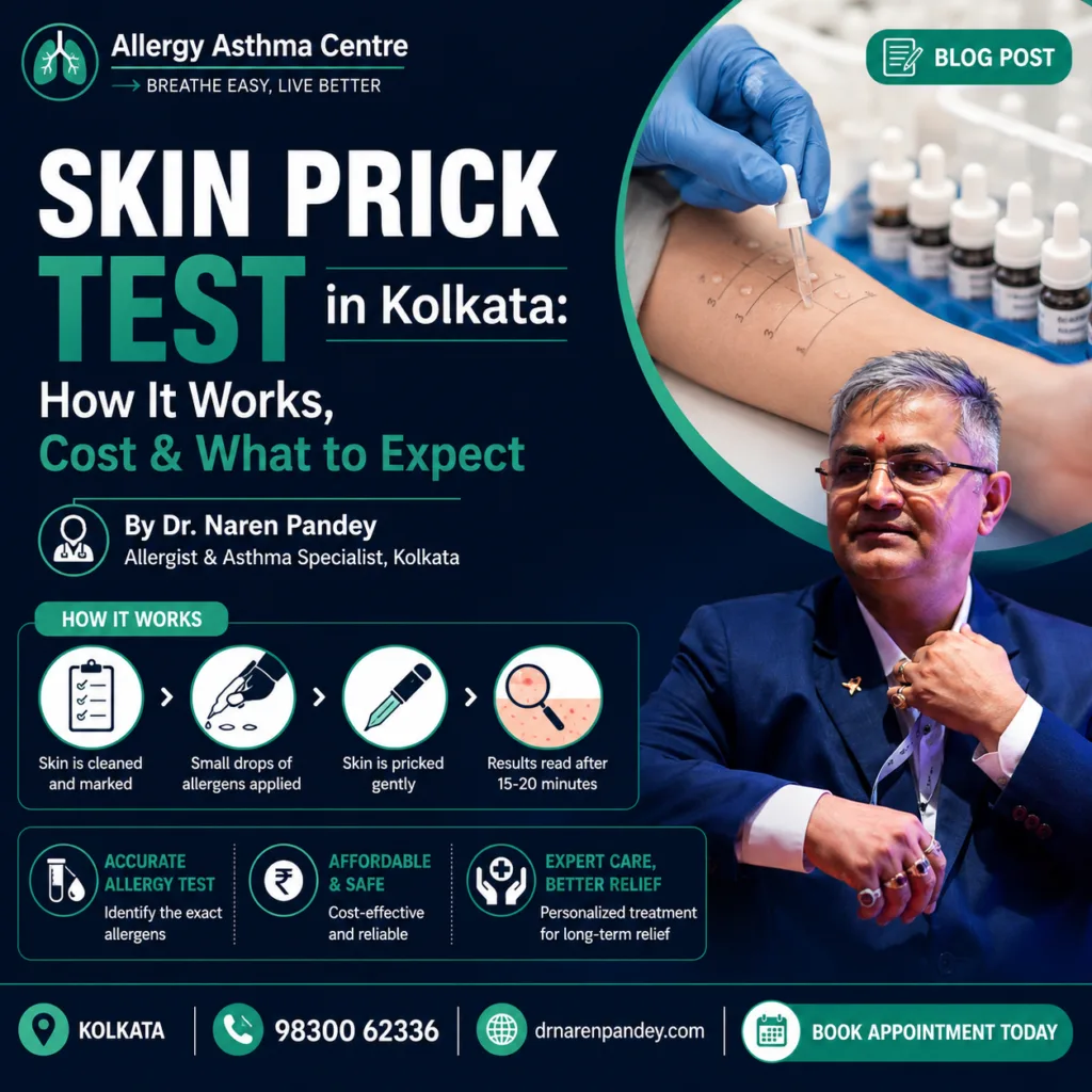 Skin Prick Test in Kolkata by Dr. Naren Pandey showing allergy testing procedure to identify dust, pollen, food and environmental allergens.