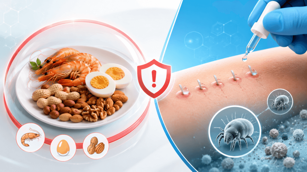 Food allergy vs skin allergy comparison diagram showing symptoms and diagnostic triggers