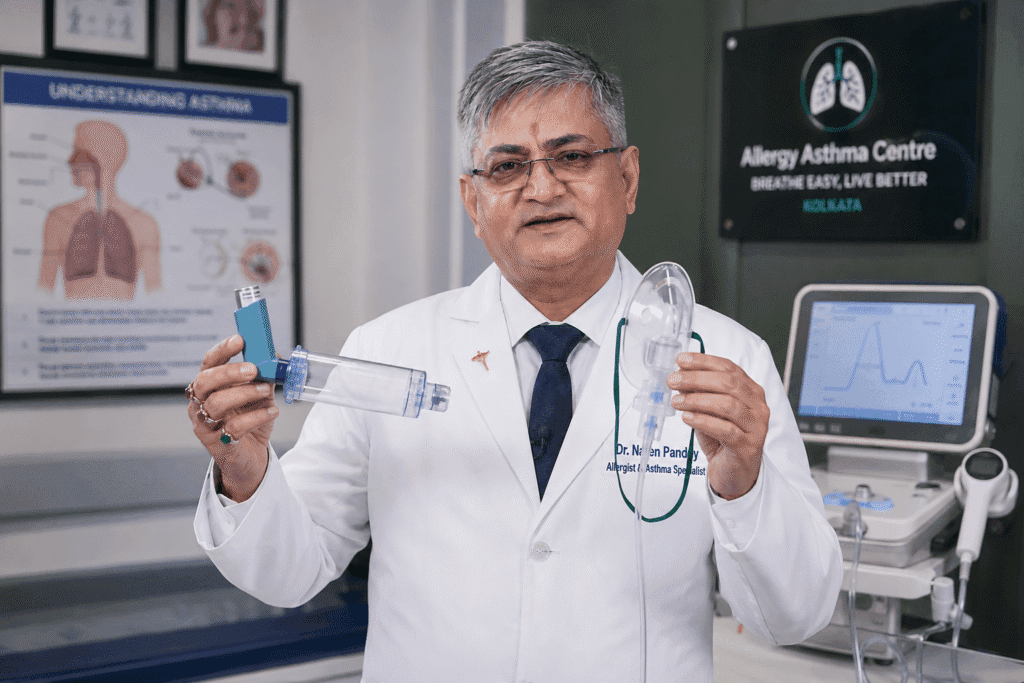 Dr. Naren Pandey comparing a nebulizer and inhaler for asthma treatment at Allergy Asthma Centre Kolkata