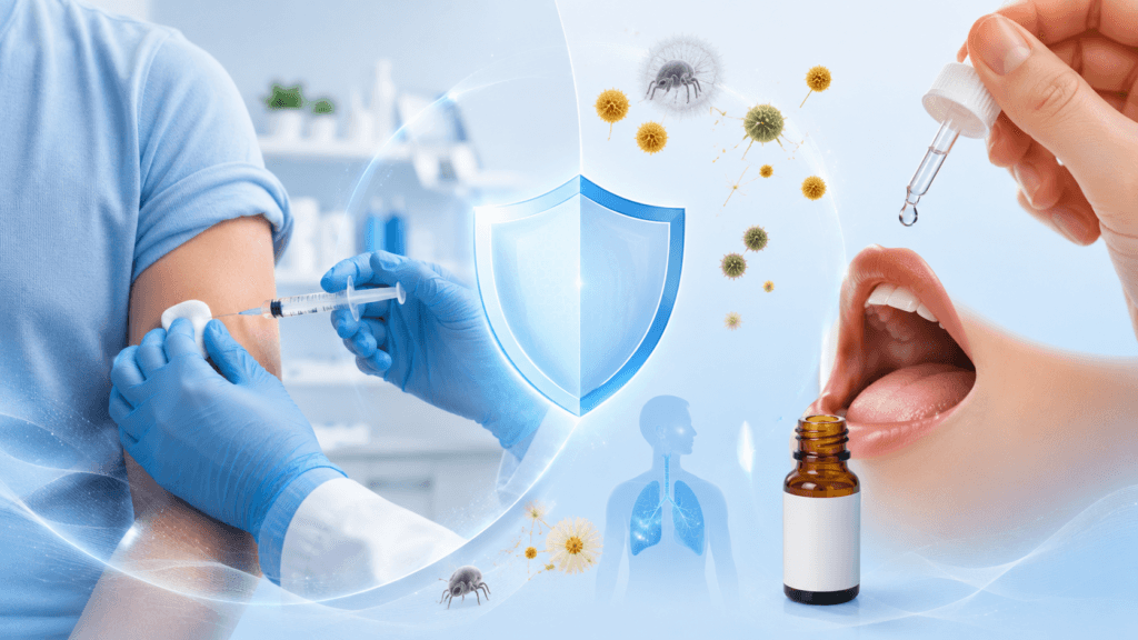 Allergy immunotherapy treatment showing allergy shot injection and allergy drop sublingual therapy for dust and pollen allergy in Kolkata
