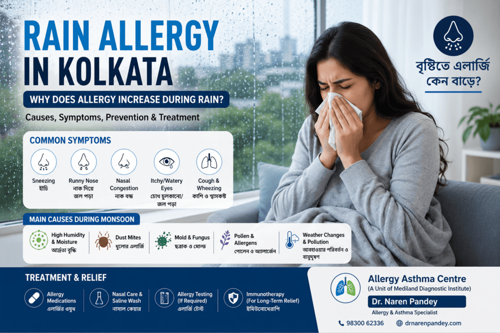 Rain allergy in Kolkata showing monsoon allergy symptoms, causes, prevention and treatment by Dr. Naren Pandey